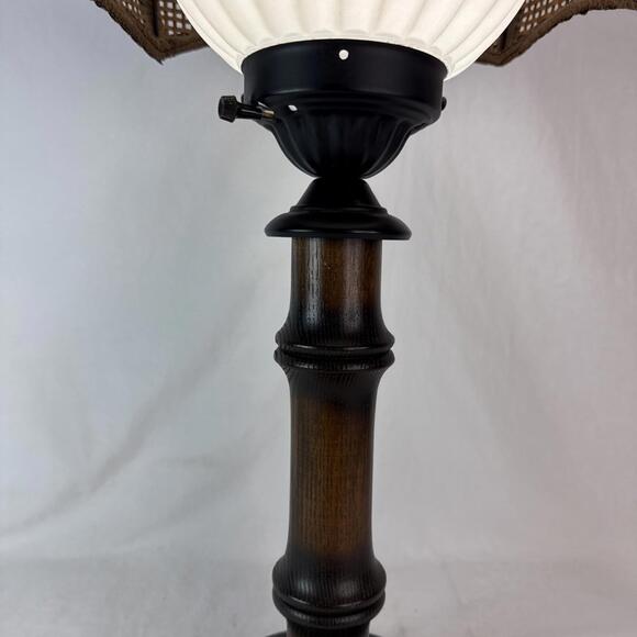 Vintage 70's Tropical BAMBOO LAMP Wicker Shade White Glass Globe Boho Chic - Picture 10 of 15